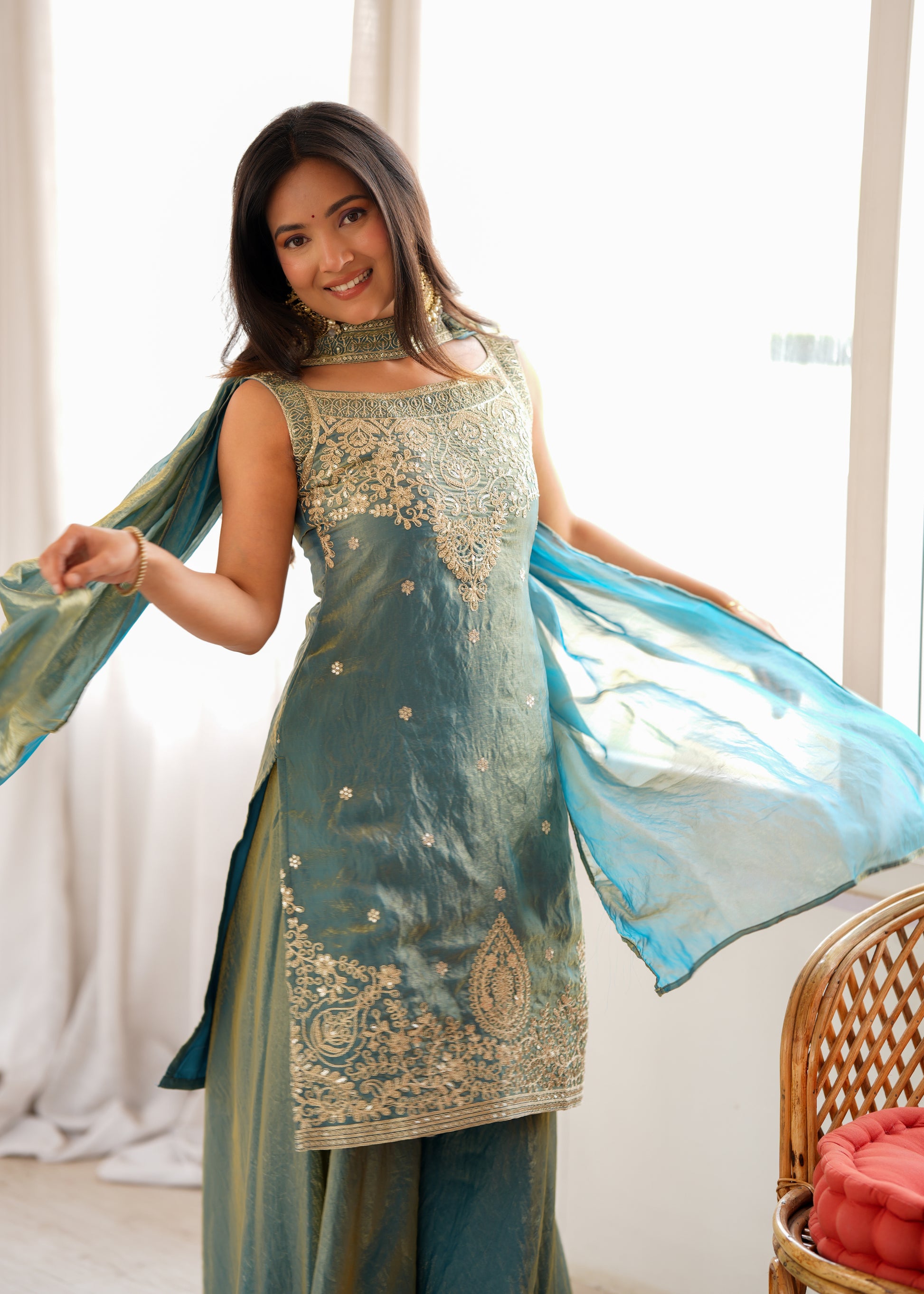 Teal Shimmer Silk Sharara Set with Zari Work