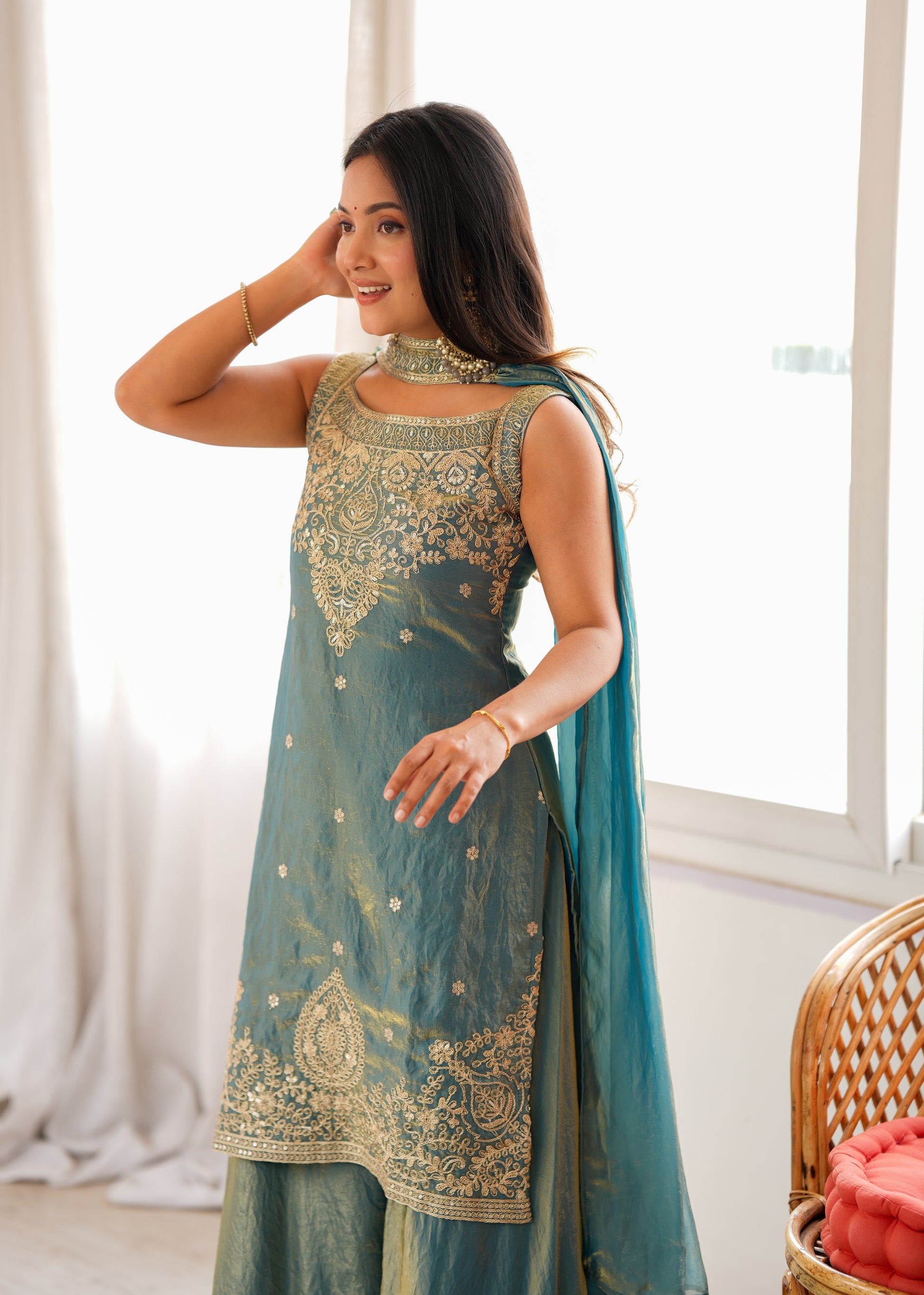 Teal Shimmer Silk Sharara Set with Zari Work