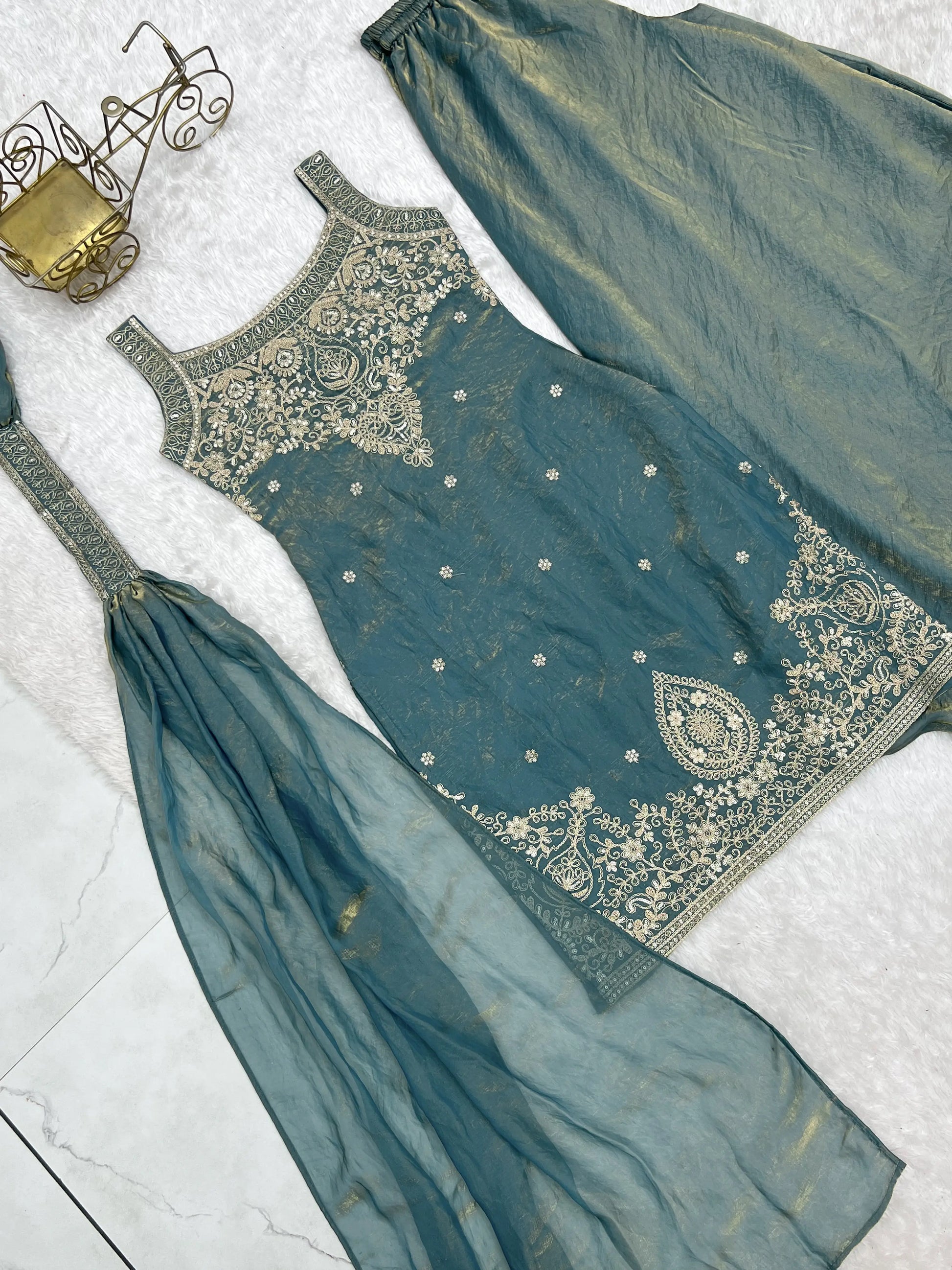Teal Shimmer Silk Sharara Set with Zari Work
