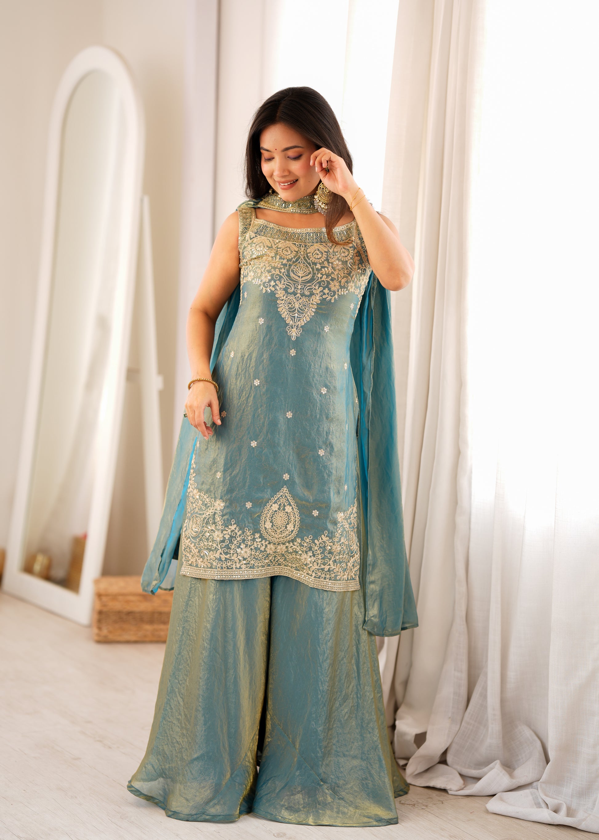 Teal Shimmer Silk Sharara Set with Zari Work