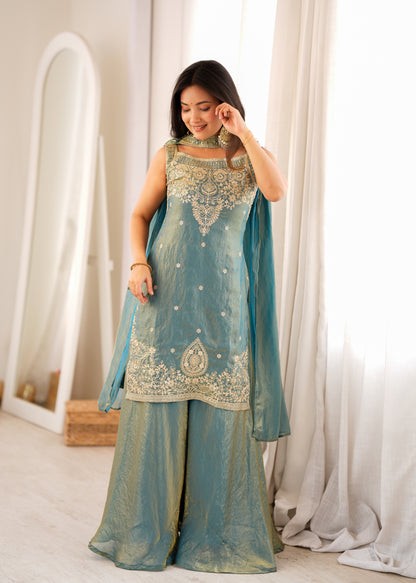 Teal Shimmer Silk Sharara Set with Zari Work