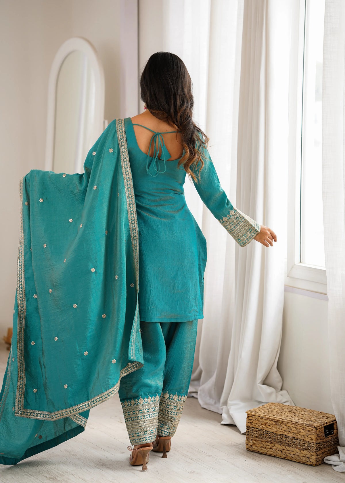 Teal Vichitra Silk Kurta Set