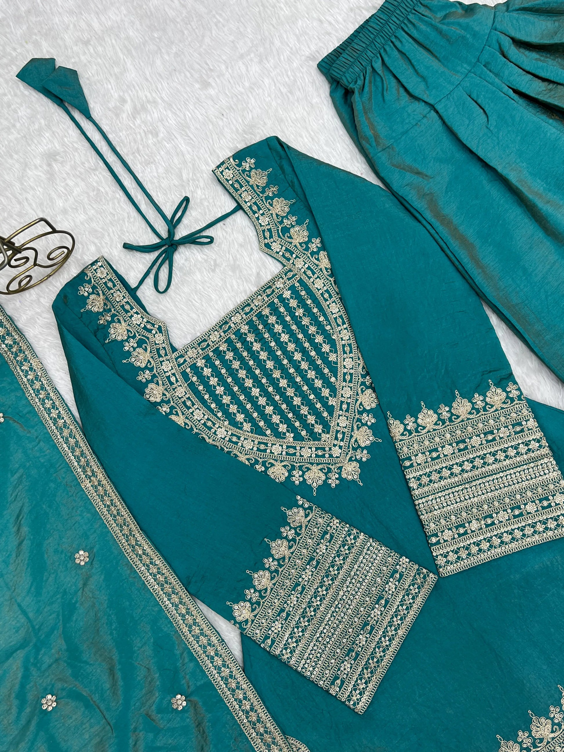 Teal Vichitra Silk Kurta Set