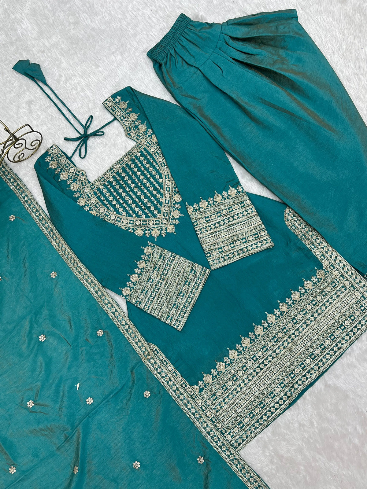 Teal Vichitra Silk Kurta Set
