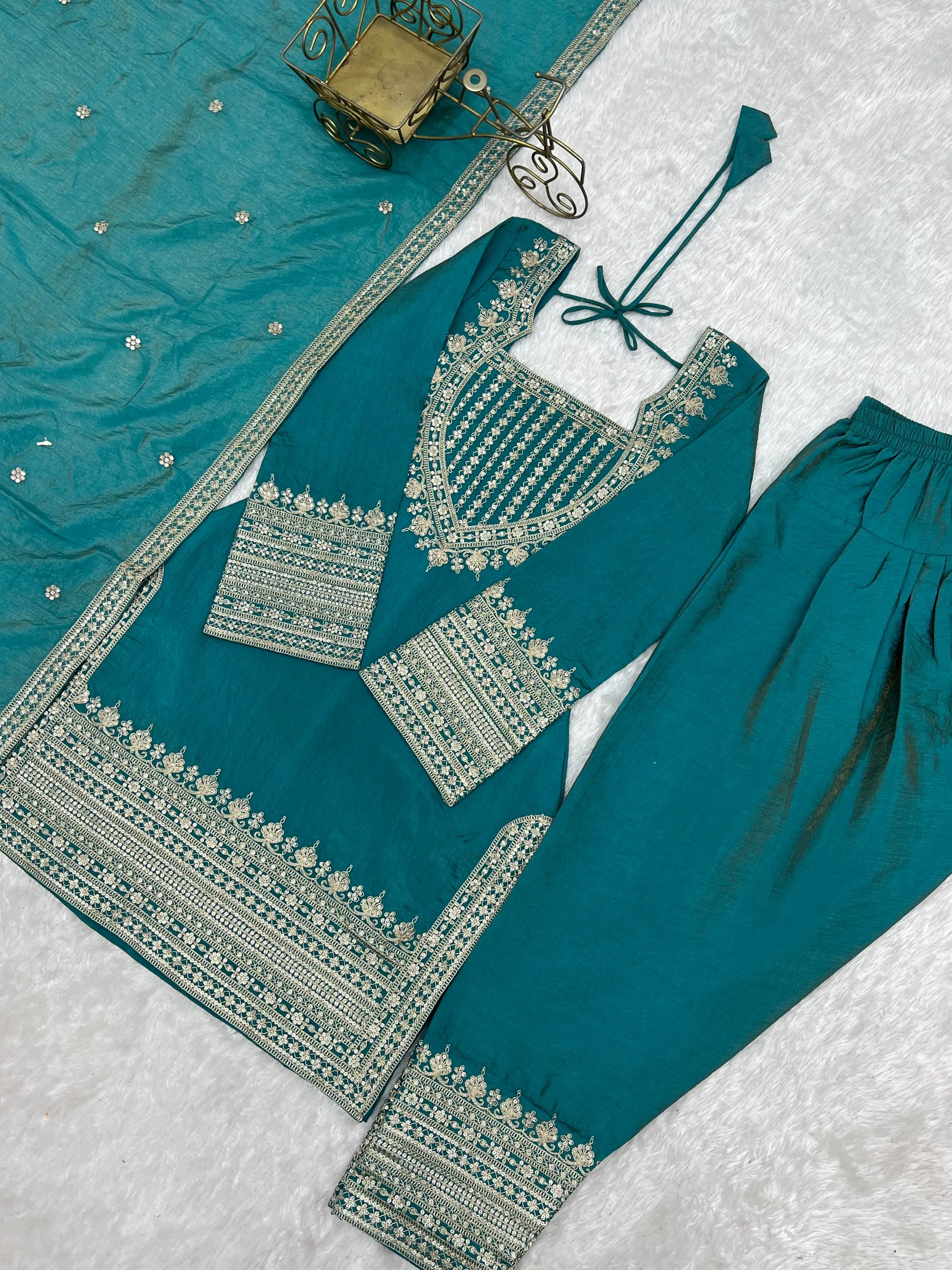 Teal Vichitra Silk Kurta Set
