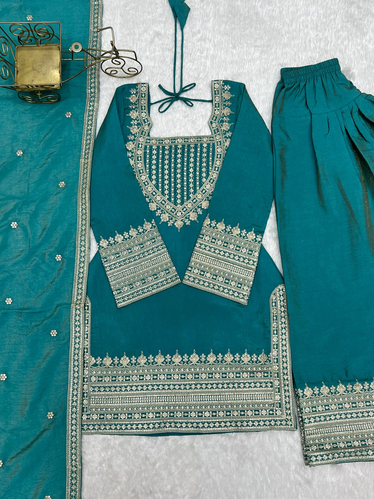 Teal Vichitra Silk Kurta Set