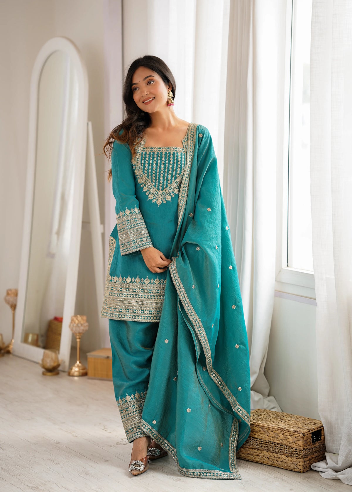 Teal Vichitra Silk Kurta Set