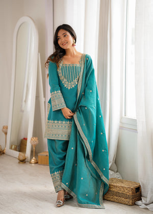 Teal Vichitra Silk Kurta Set