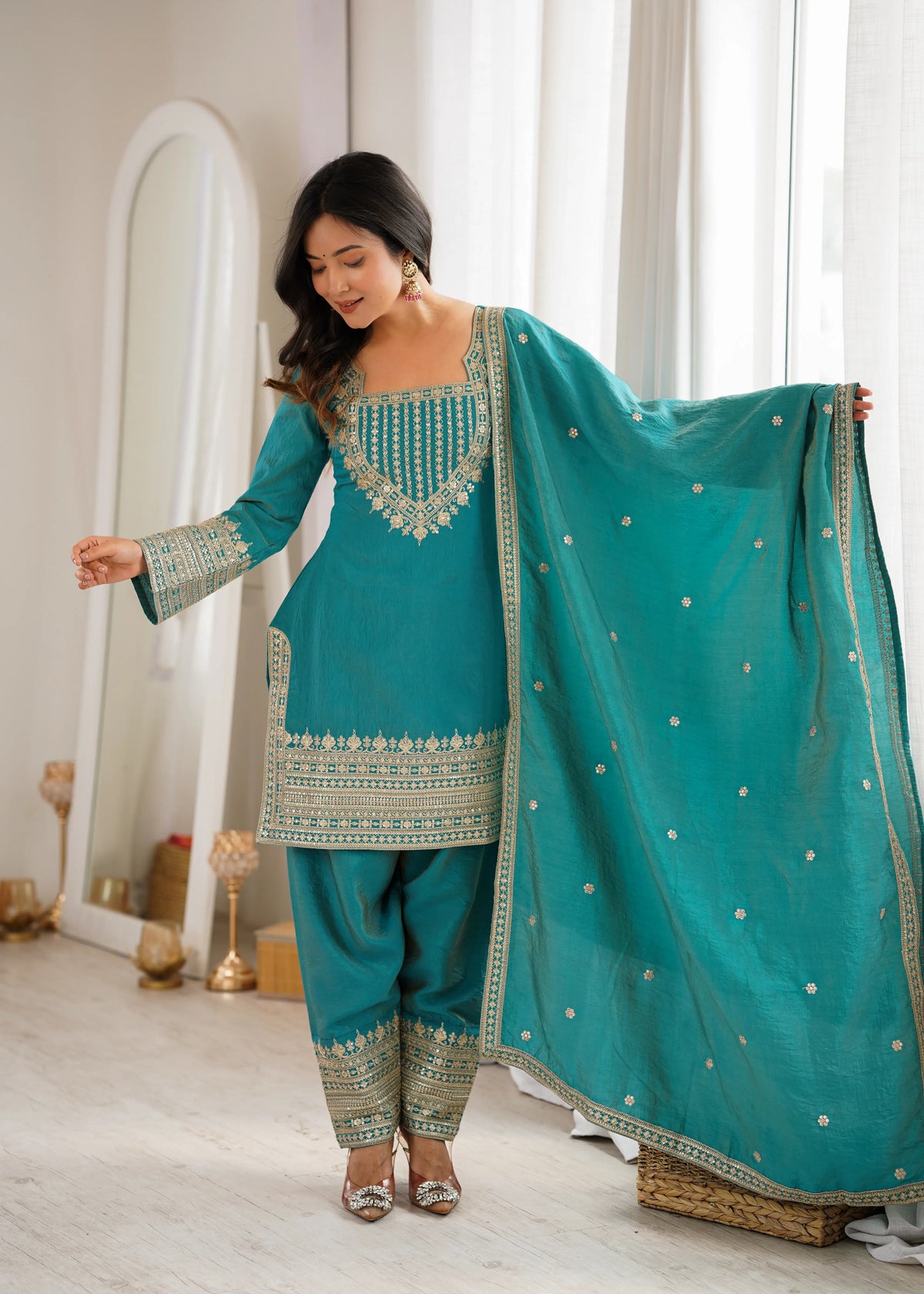 Teal Vichitra Silk Kurta Set