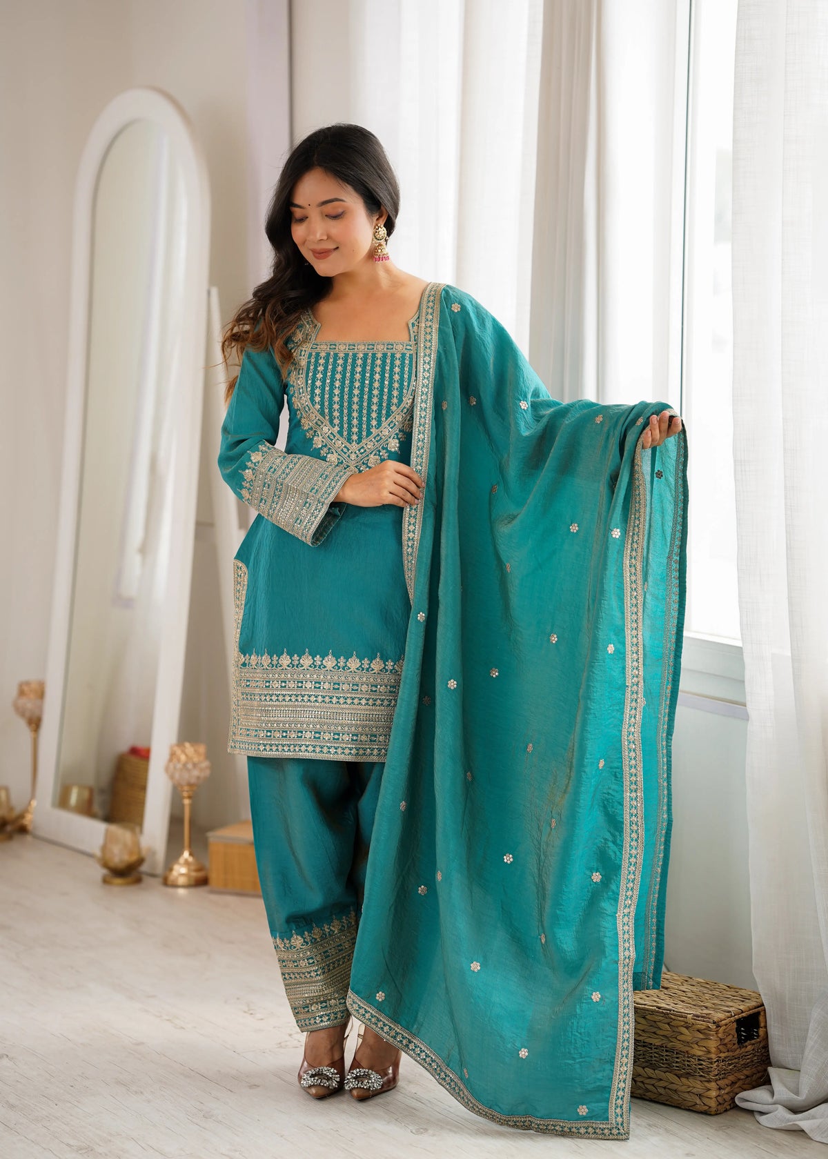 Teal Vichitra Silk Kurta Set