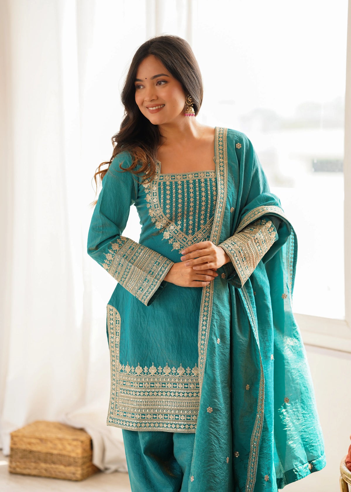 Teal Vichitra Silk Kurta Set