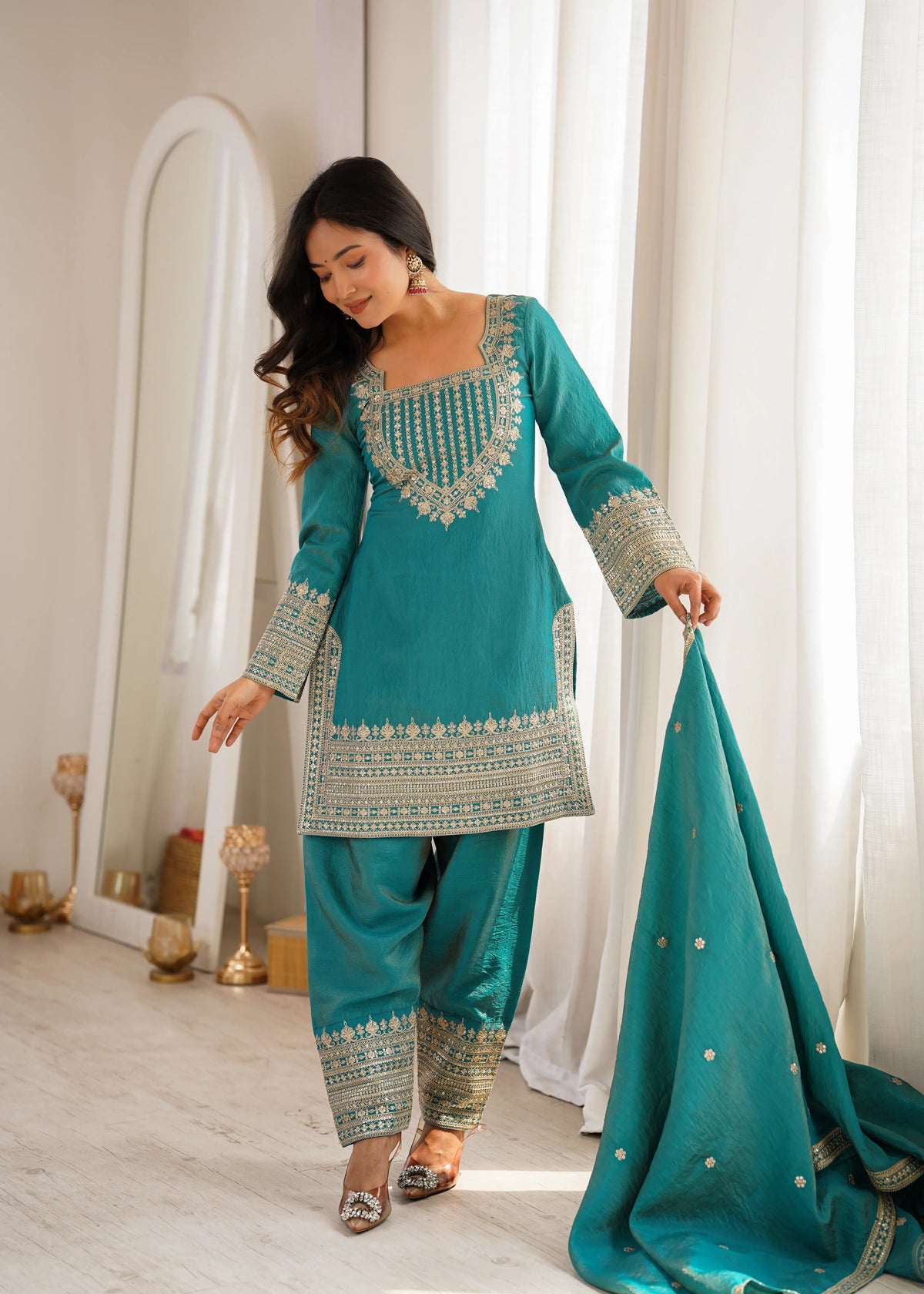 Teal Vichitra Silk Kurta Set