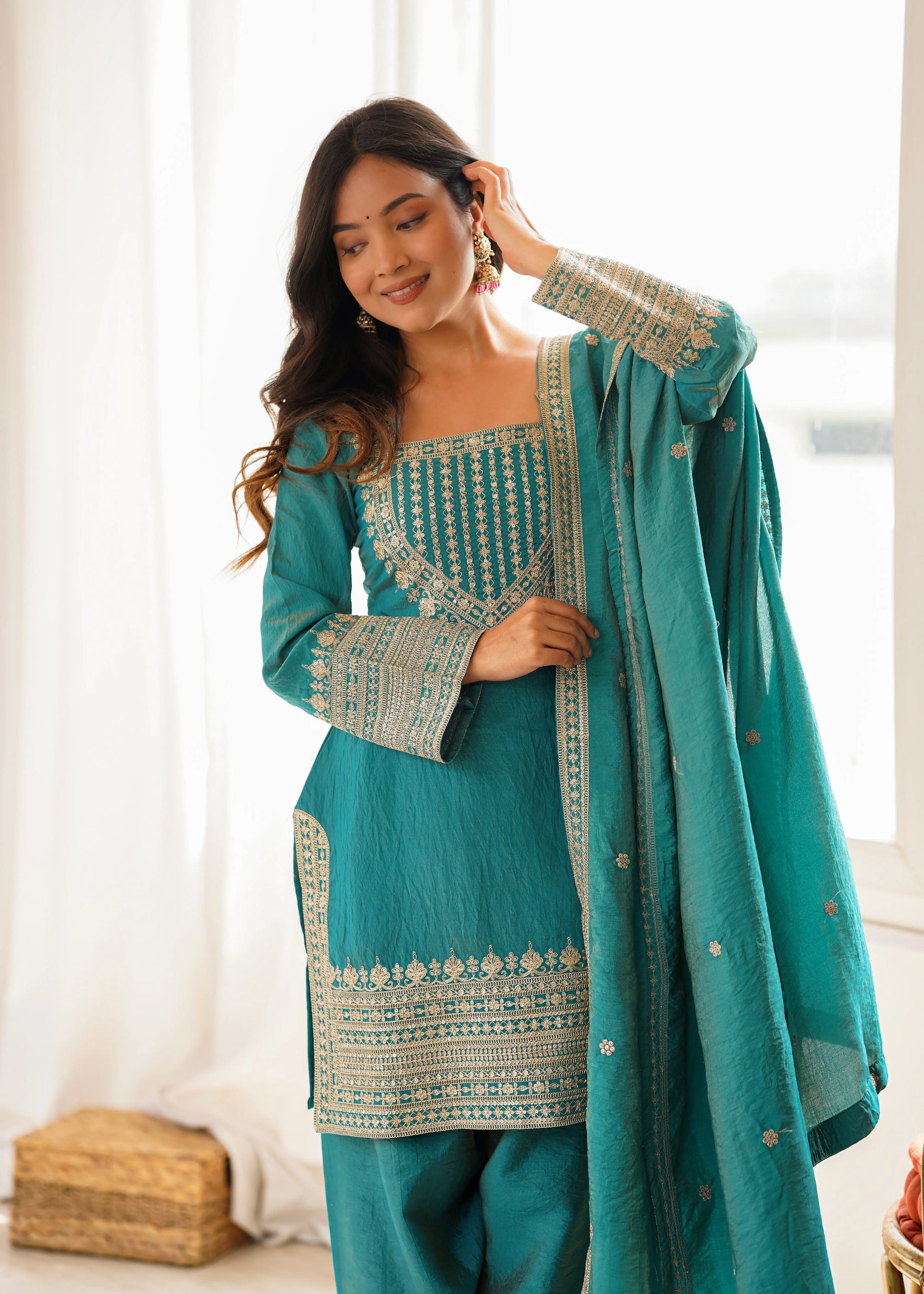 Teal Vichitra Silk Kurta Set