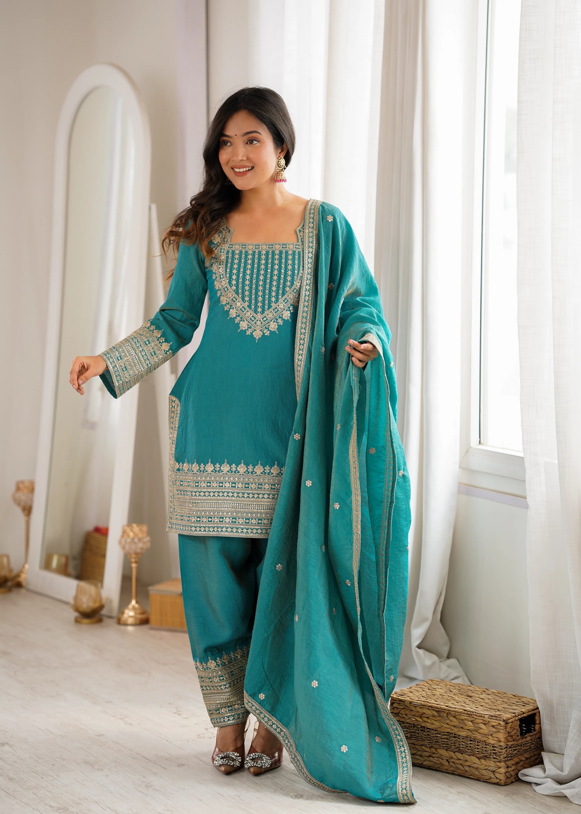 Teal Vichitra Silk Kurta Set