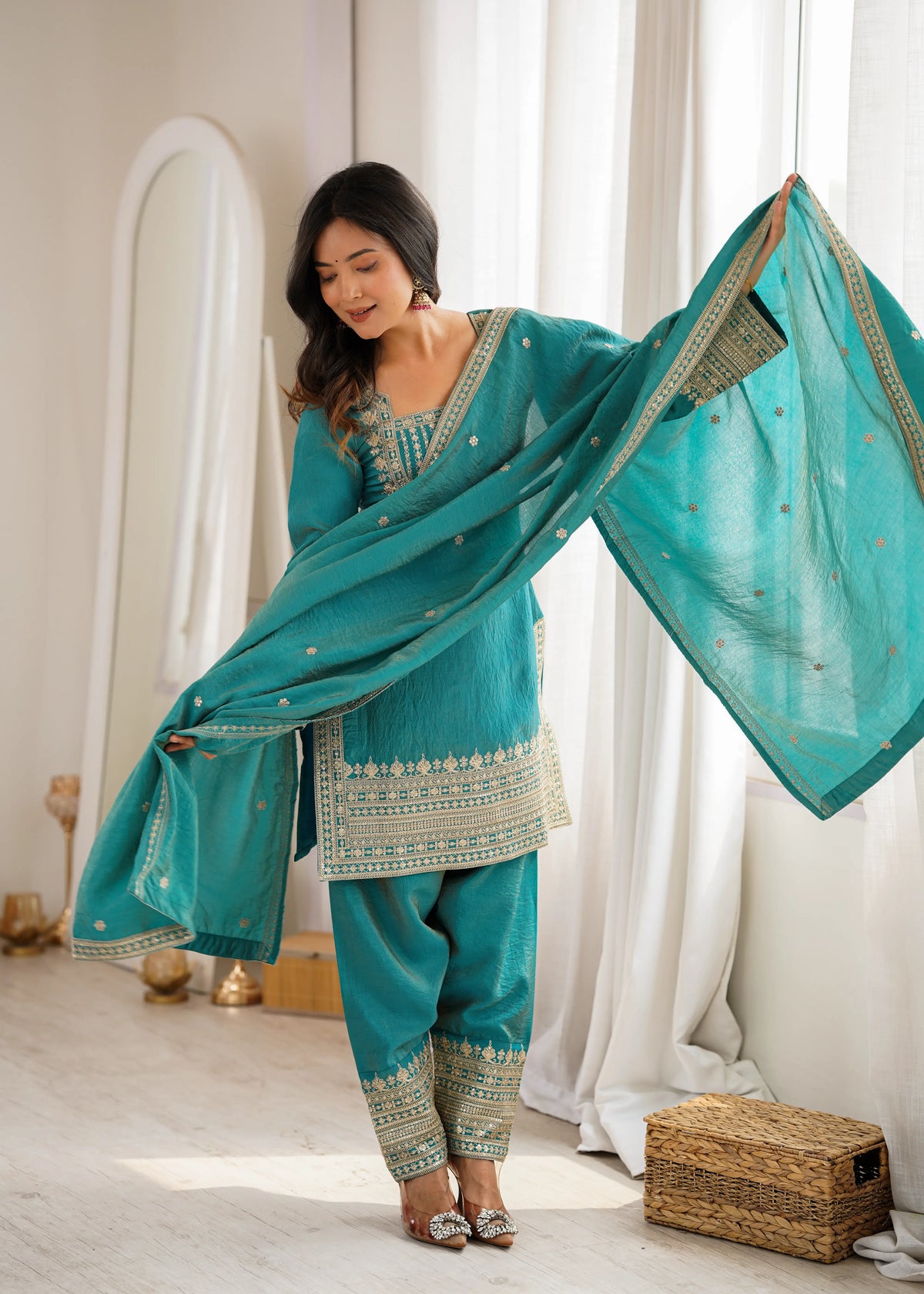 Teal Vichitra Silk Kurta Set