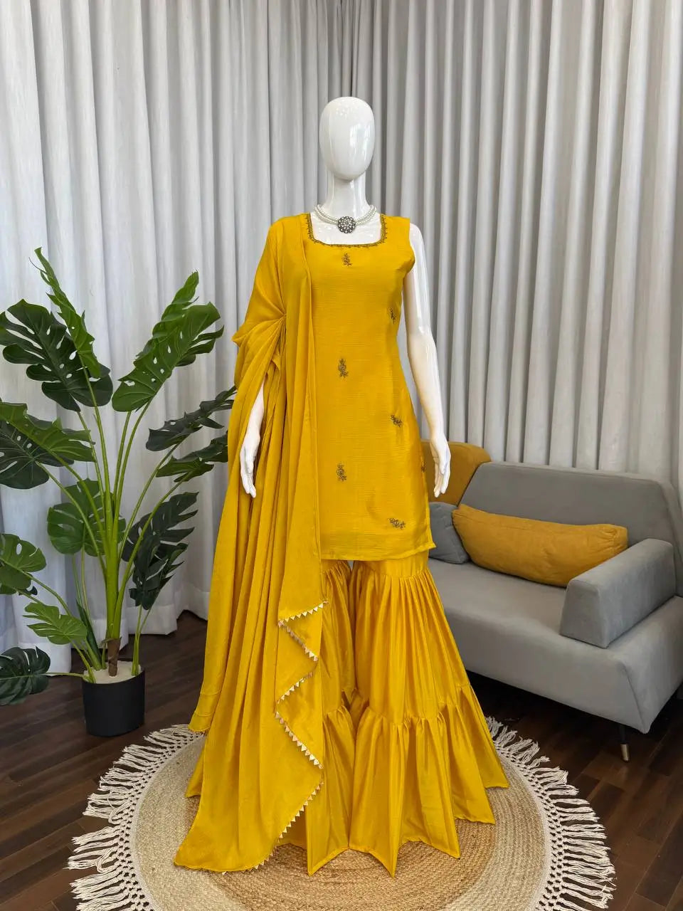 Thread Work Chinon Silk Sharara Set with Dupatta
