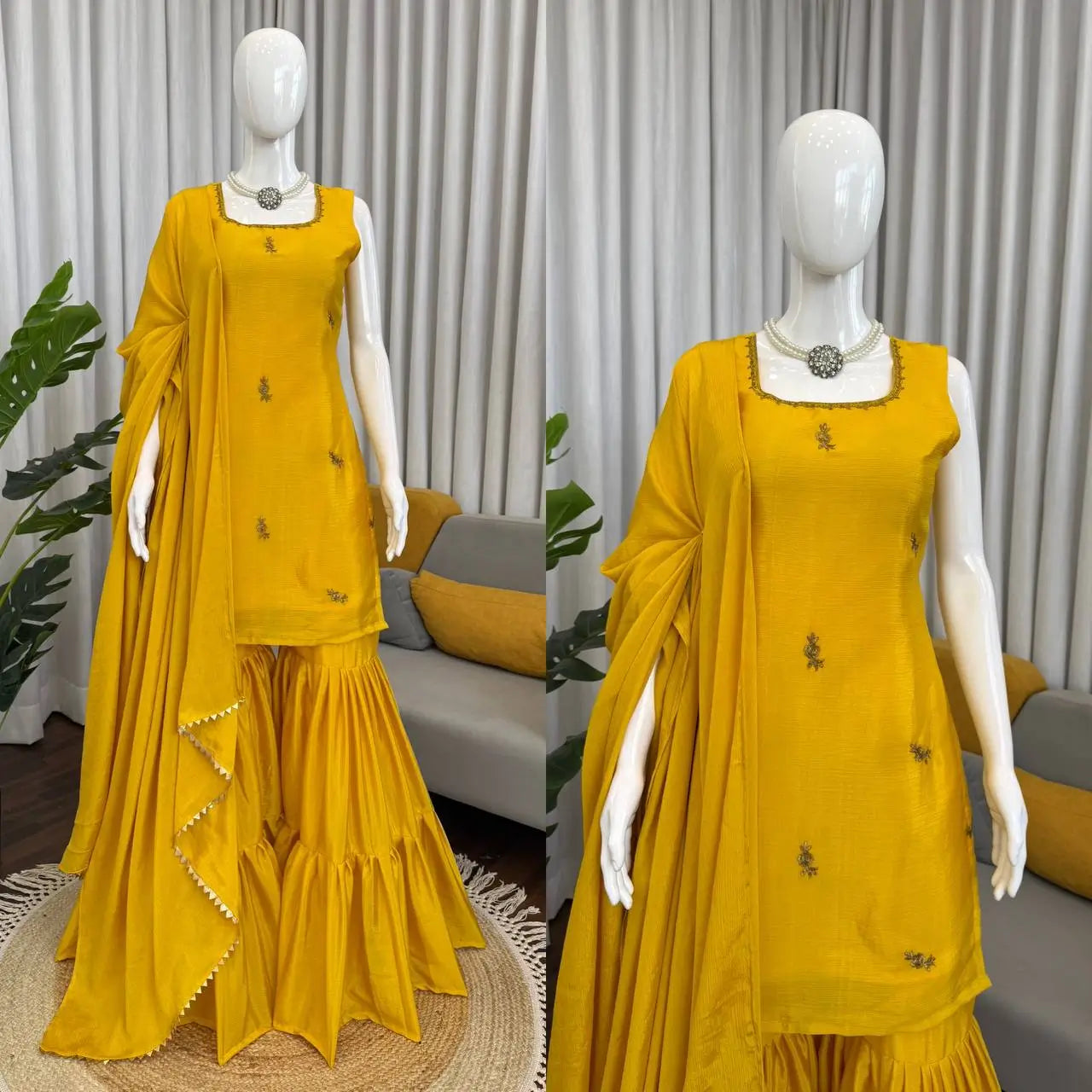 Thread Work Chinon Silk Sharara Set with Dupatta