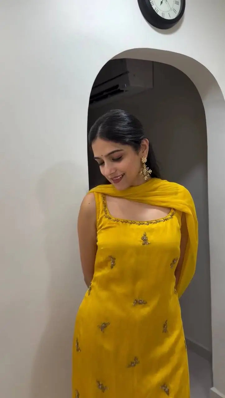 Thread Work Chinon Silk Sharara Set with Dupatta