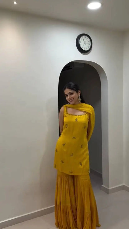 Thread Work Chinon Silk Sharara Set with Dupatta