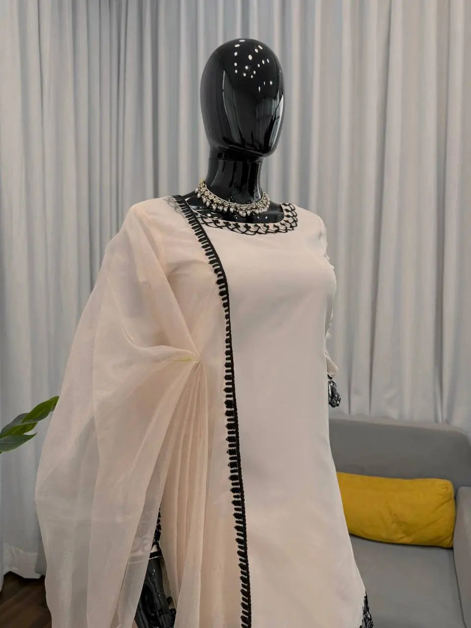 Thread Work Natural Crepe Kurta Pant Set with Dupatta