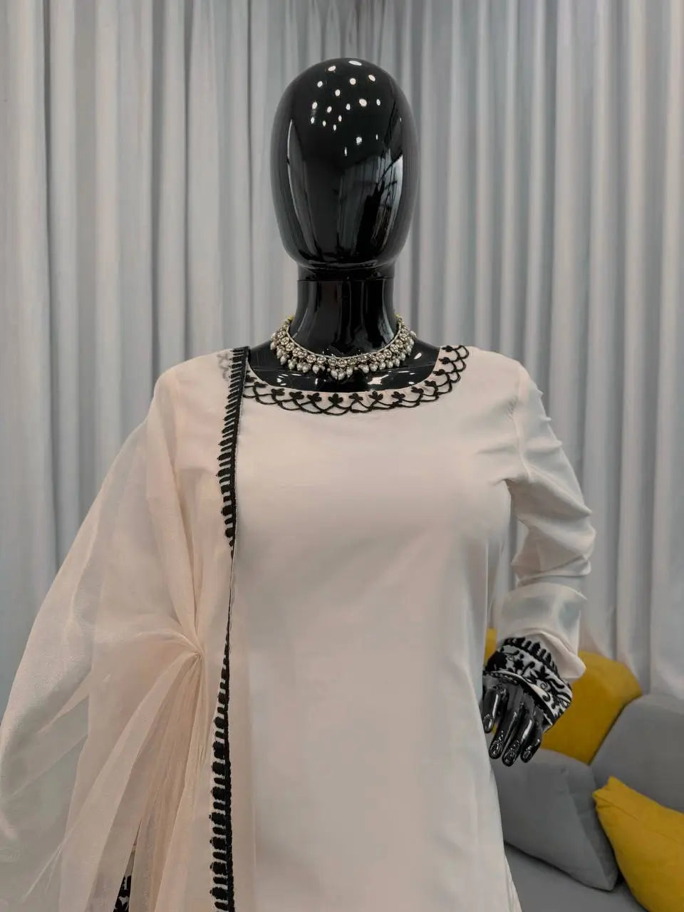 Thread Work Natural Crepe Kurta Pant Set with Dupatta