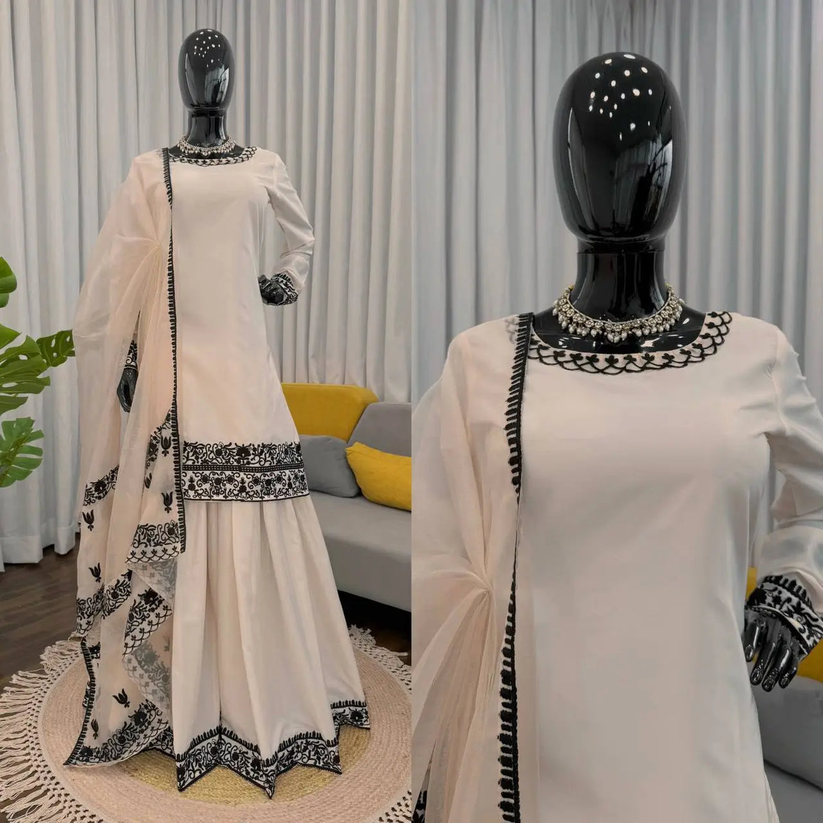 Thread Work Natural Crepe Kurta Pant Set with Dupatta