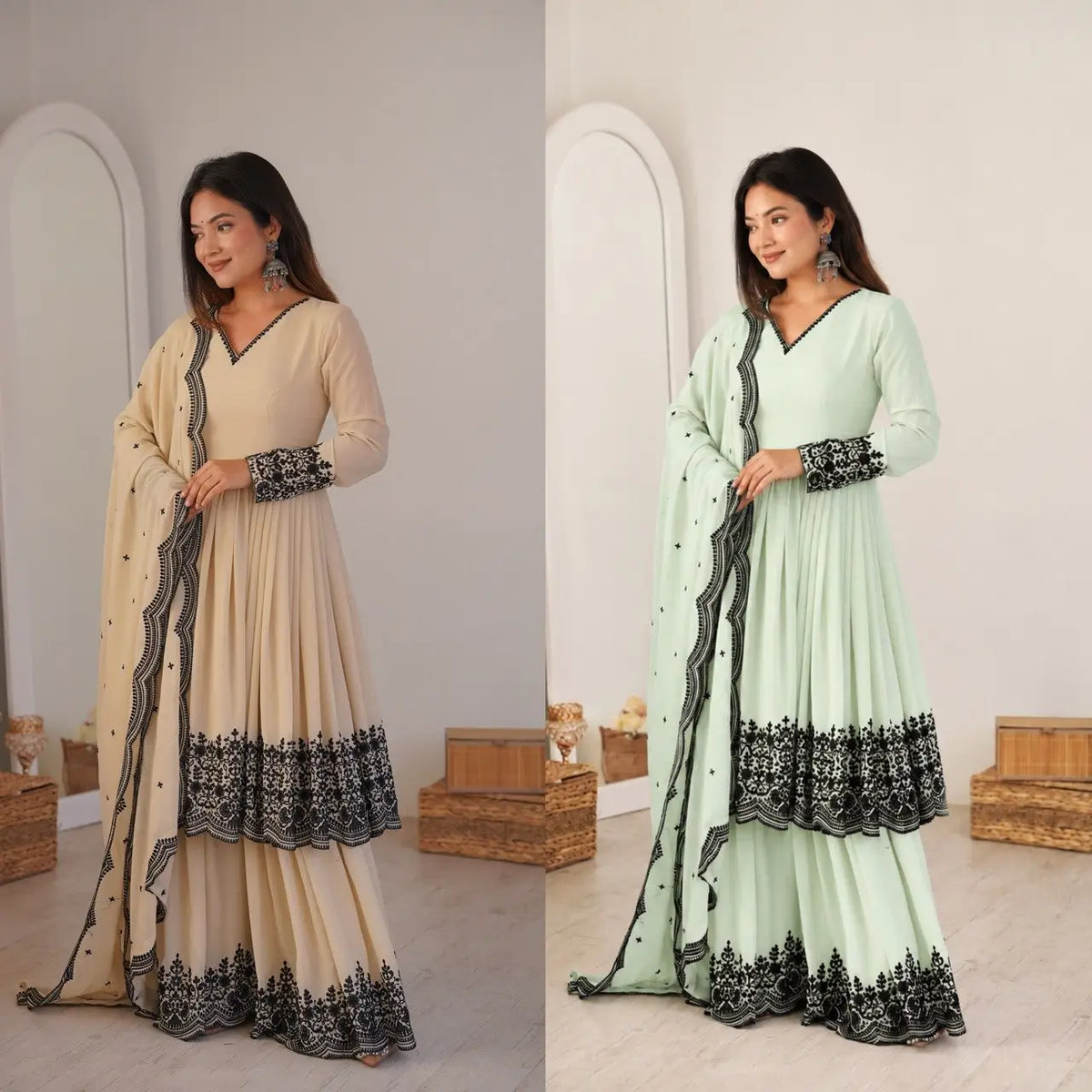 Thread Work Natural Crepe Kurta Pant Set with Dupatta