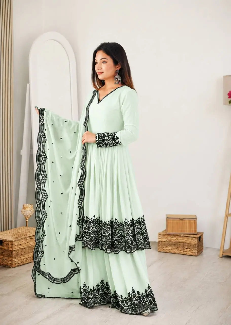 Thread Work Natural Crepe Kurta Pant Set with Dupatta