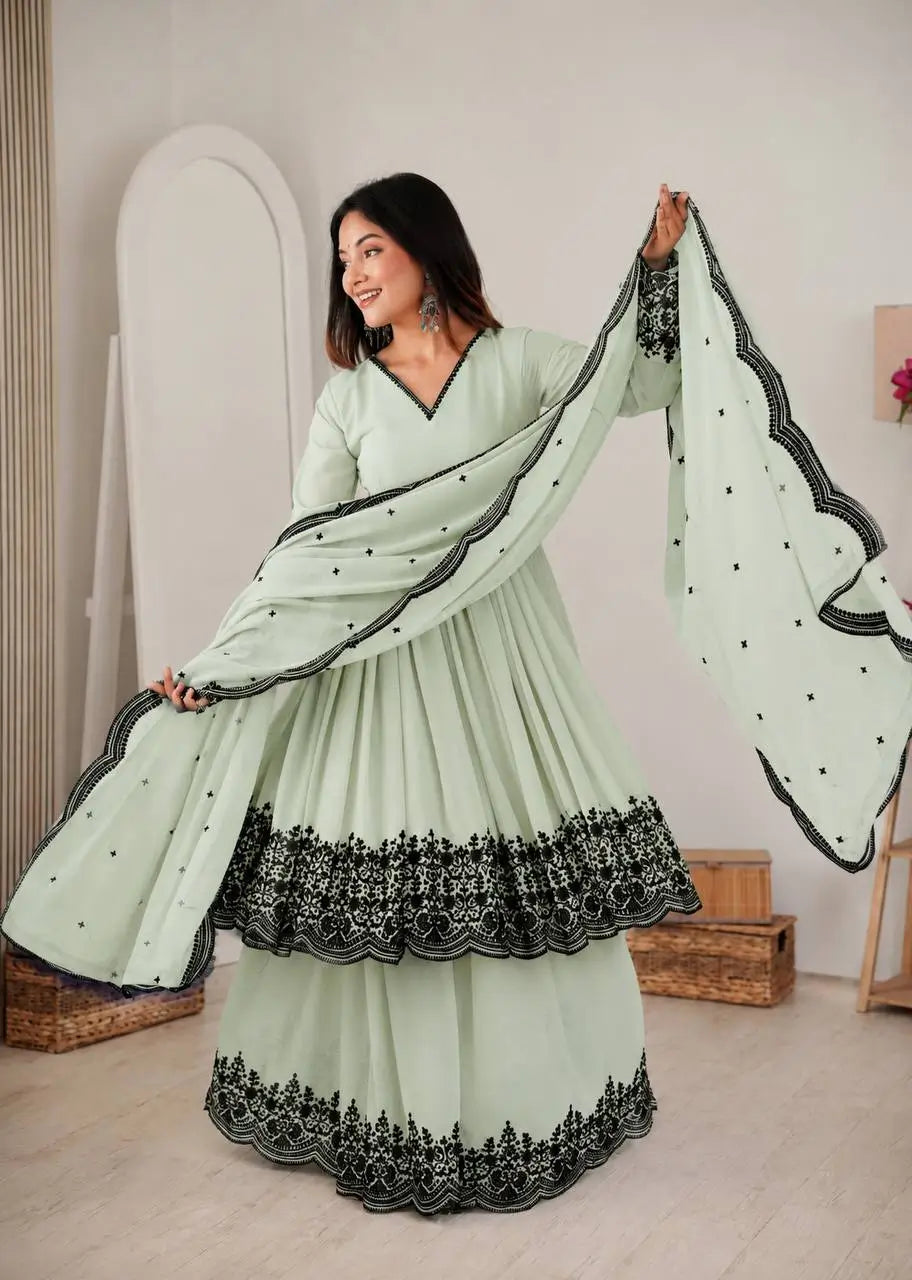 Thread Work Natural Crepe Kurta Pant Set with Dupatta