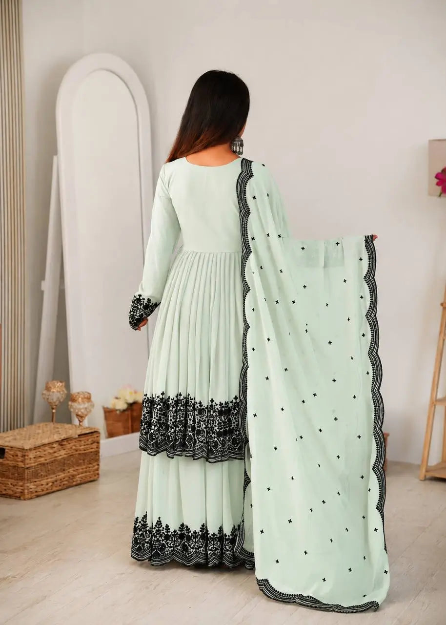 Thread Work Natural Crepe Kurta Pant Set with Dupatta