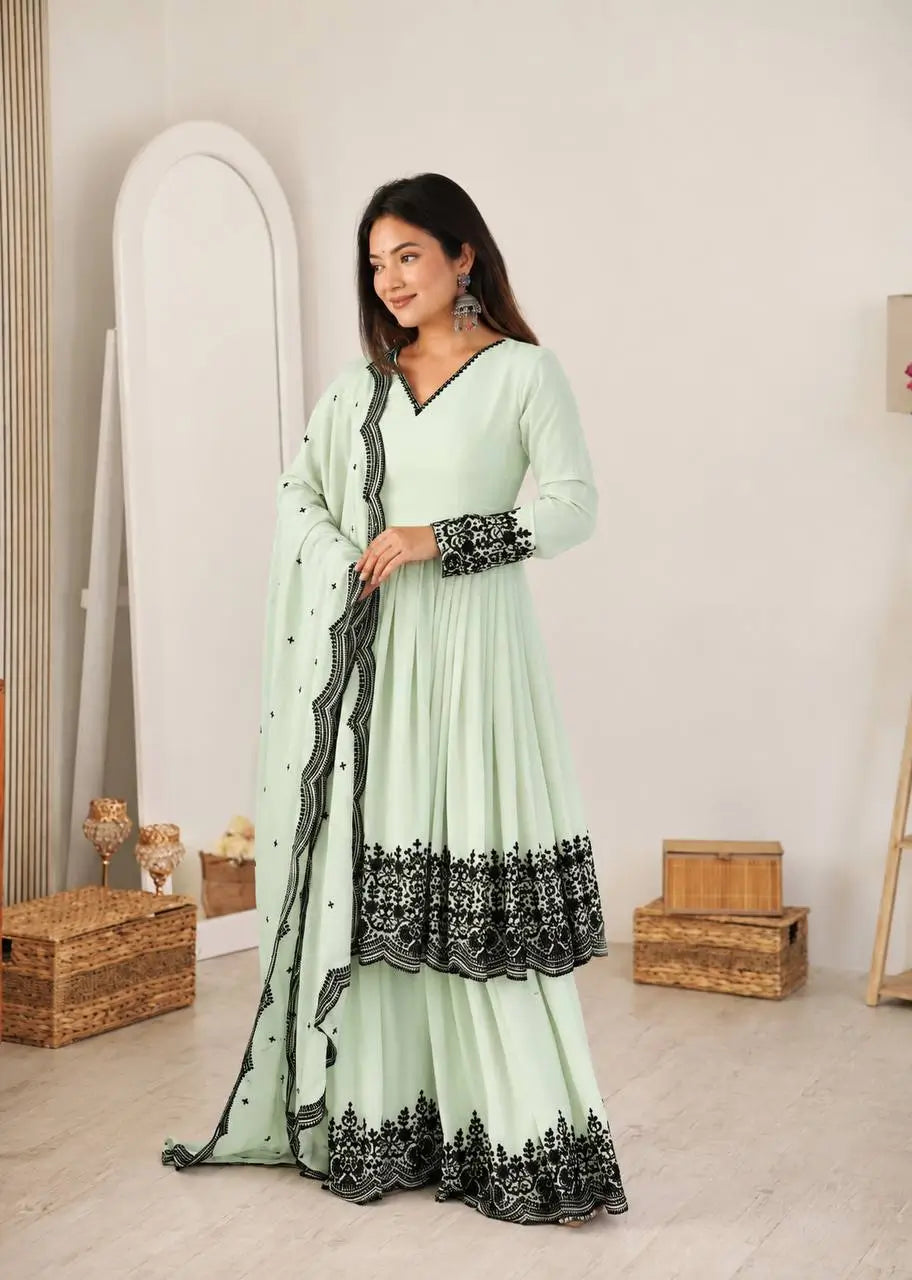 Thread Work Natural Crepe Kurta Pant Set with Dupatta