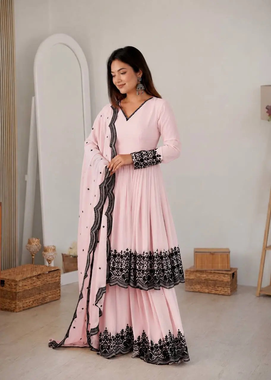 Thread Work Natural Crepe Kurta Pant Set with Dupatta