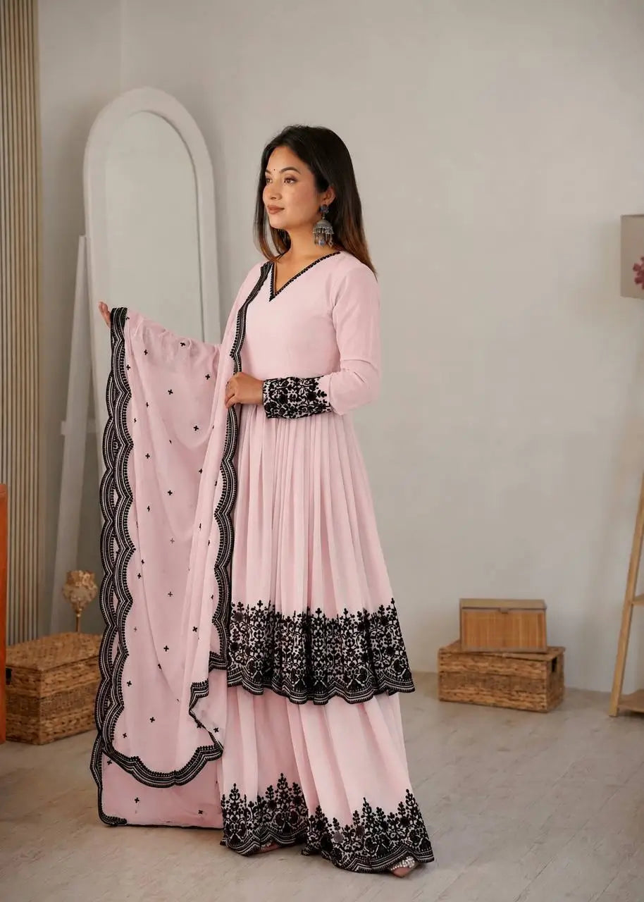 Thread Work Natural Crepe Kurta Pant Set with Dupatta