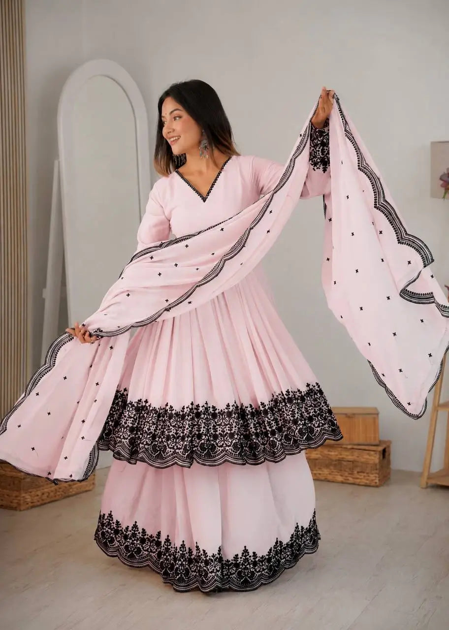 Thread Work Natural Crepe Kurta Pant Set with Dupatta
