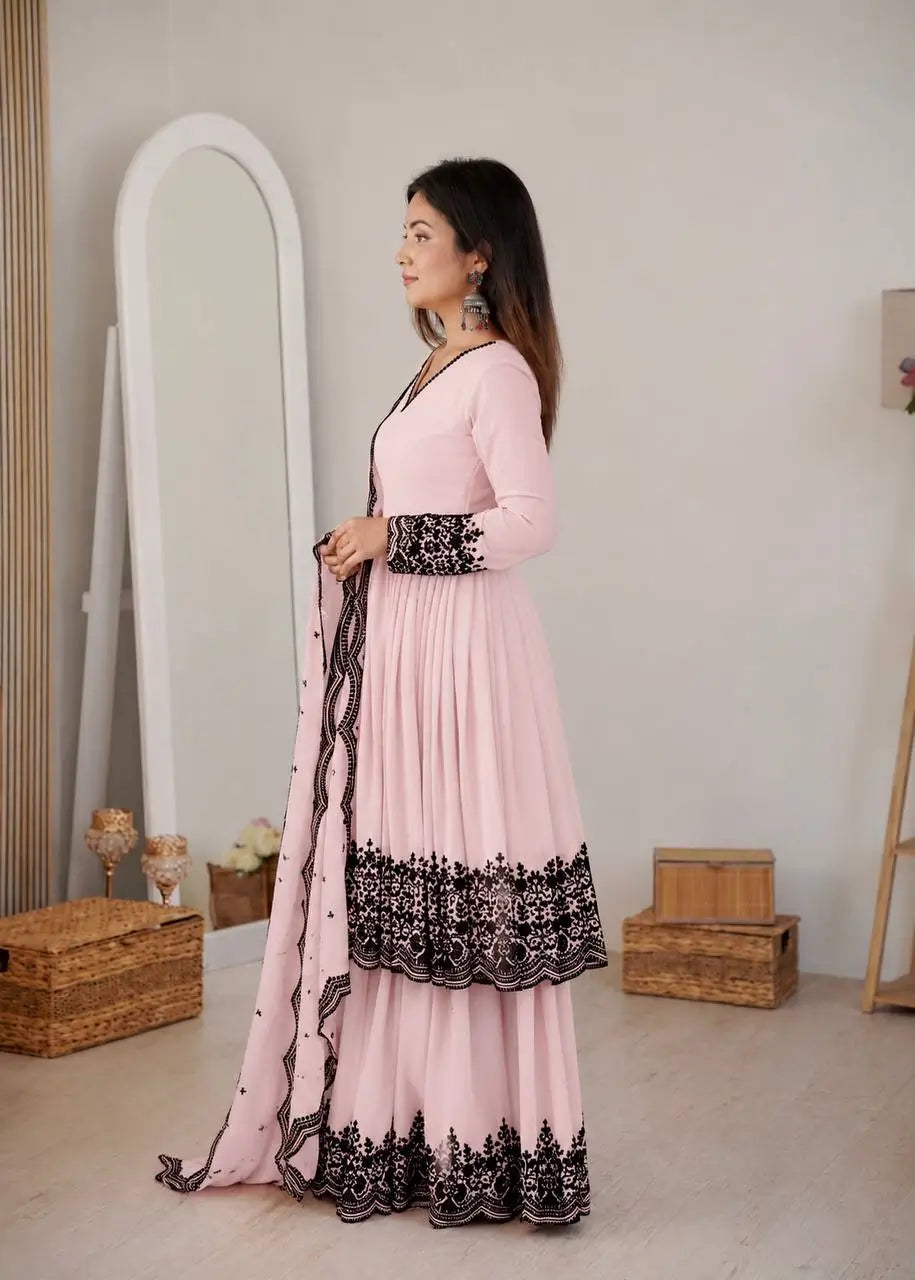 Thread Work Natural Crepe Kurta Pant Set with Dupatta