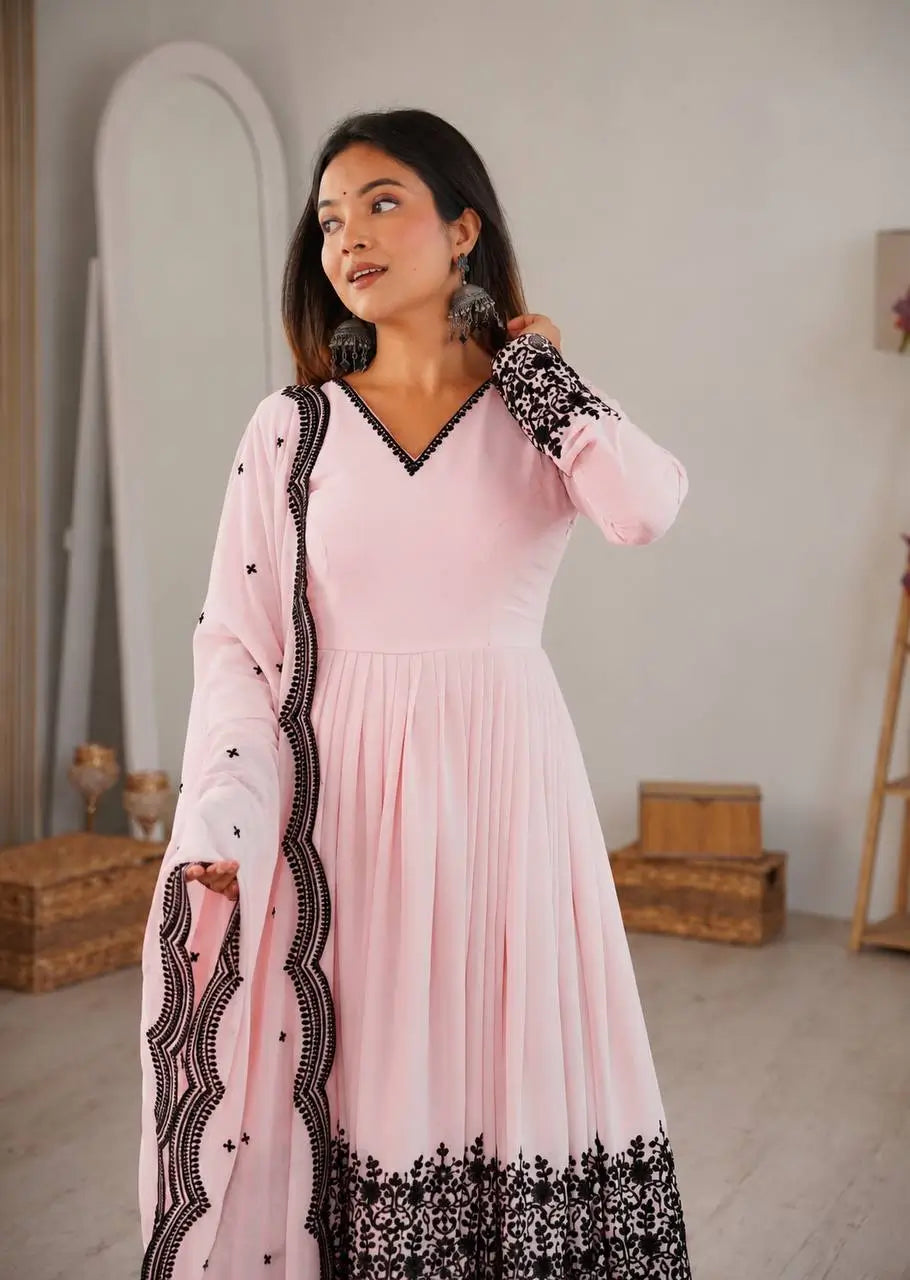 Thread Work Natural Crepe Kurta Pant Set with Dupatta
