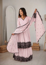 Thread Work Natural Crepe Kurta Pant Set with Dupatta