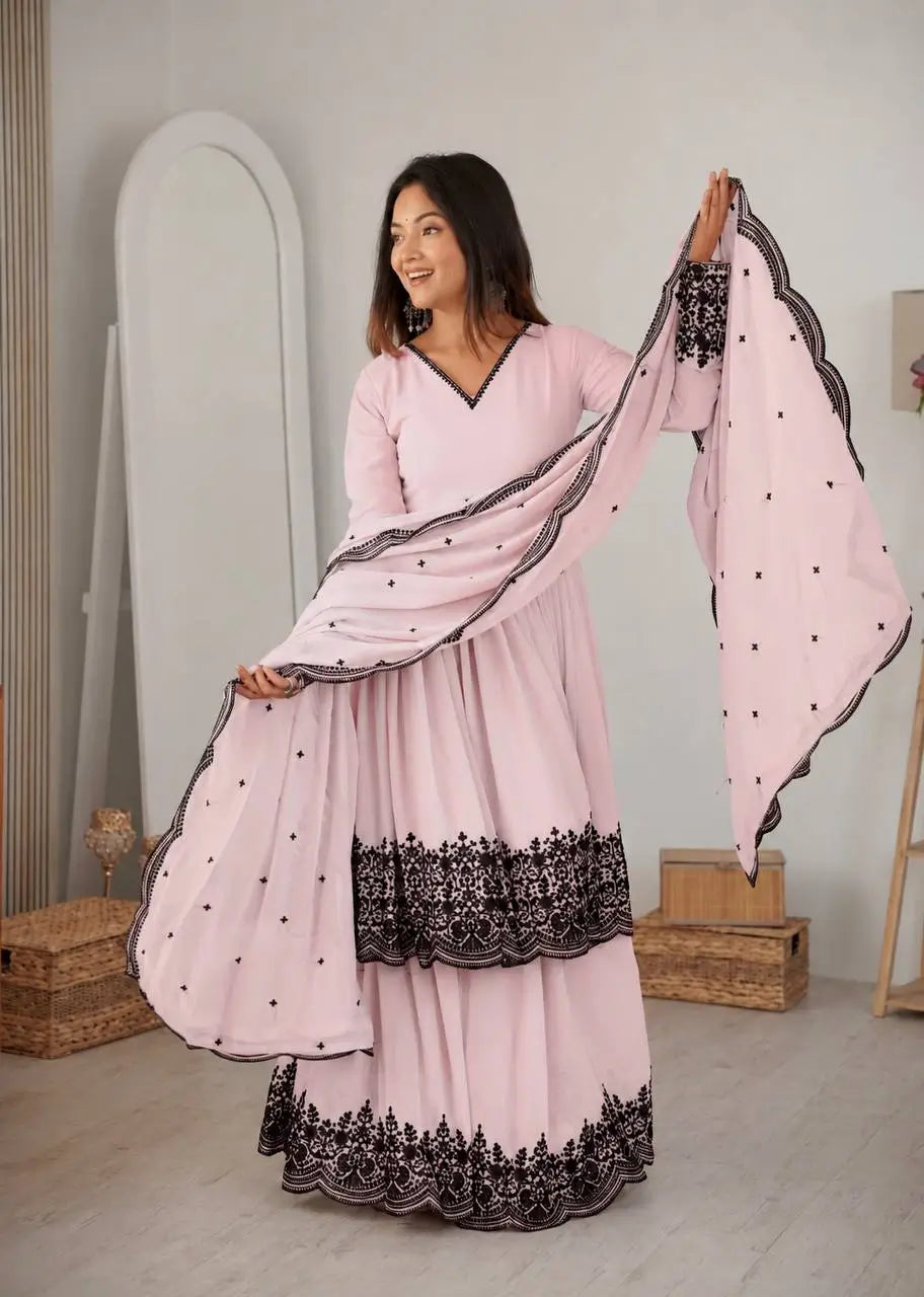 Thread Work Natural Crepe Kurta Pant Set with Dupatta