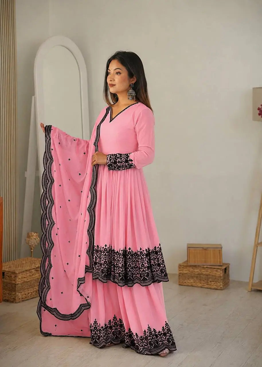 Thread Work Natural Crepe Kurta Pant Set with Dupatta