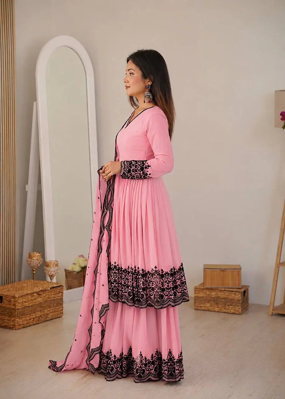 Thread Work Natural Crepe Kurta Pant Set with Dupatta