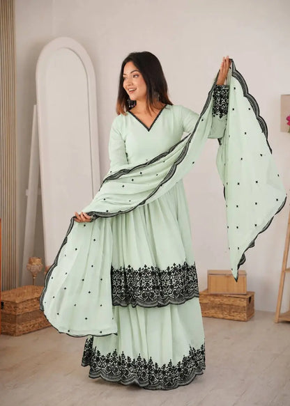 Thread Work Natural Crepe Kurta Pant Set with Dupatta