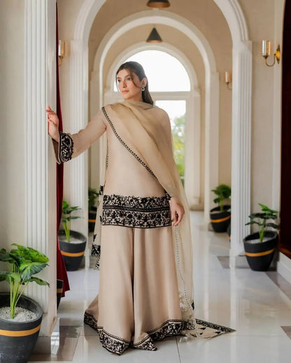 Thread Work Natural Crepe Kurta Pant Set with Dupatta