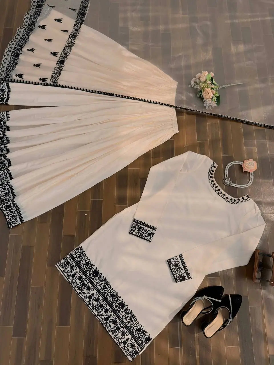 Thread Work Natural Crepe Kurta Pant Set with Dupatta