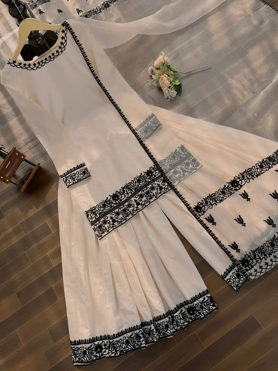 Thread Work Natural Crepe Kurta Pant Set with Dupatta