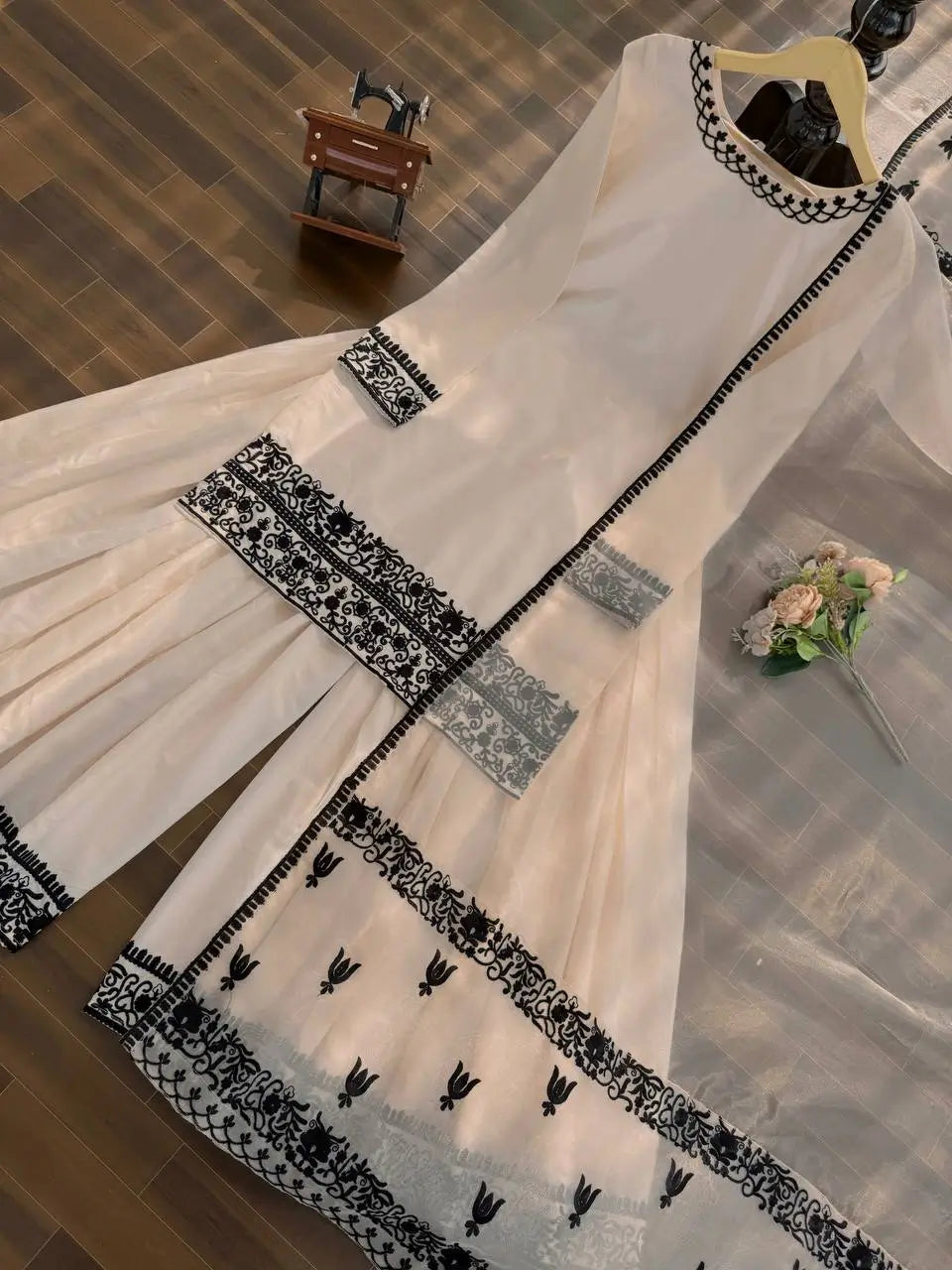 Thread Work Natural Crepe Kurta Pant Set with Dupatta