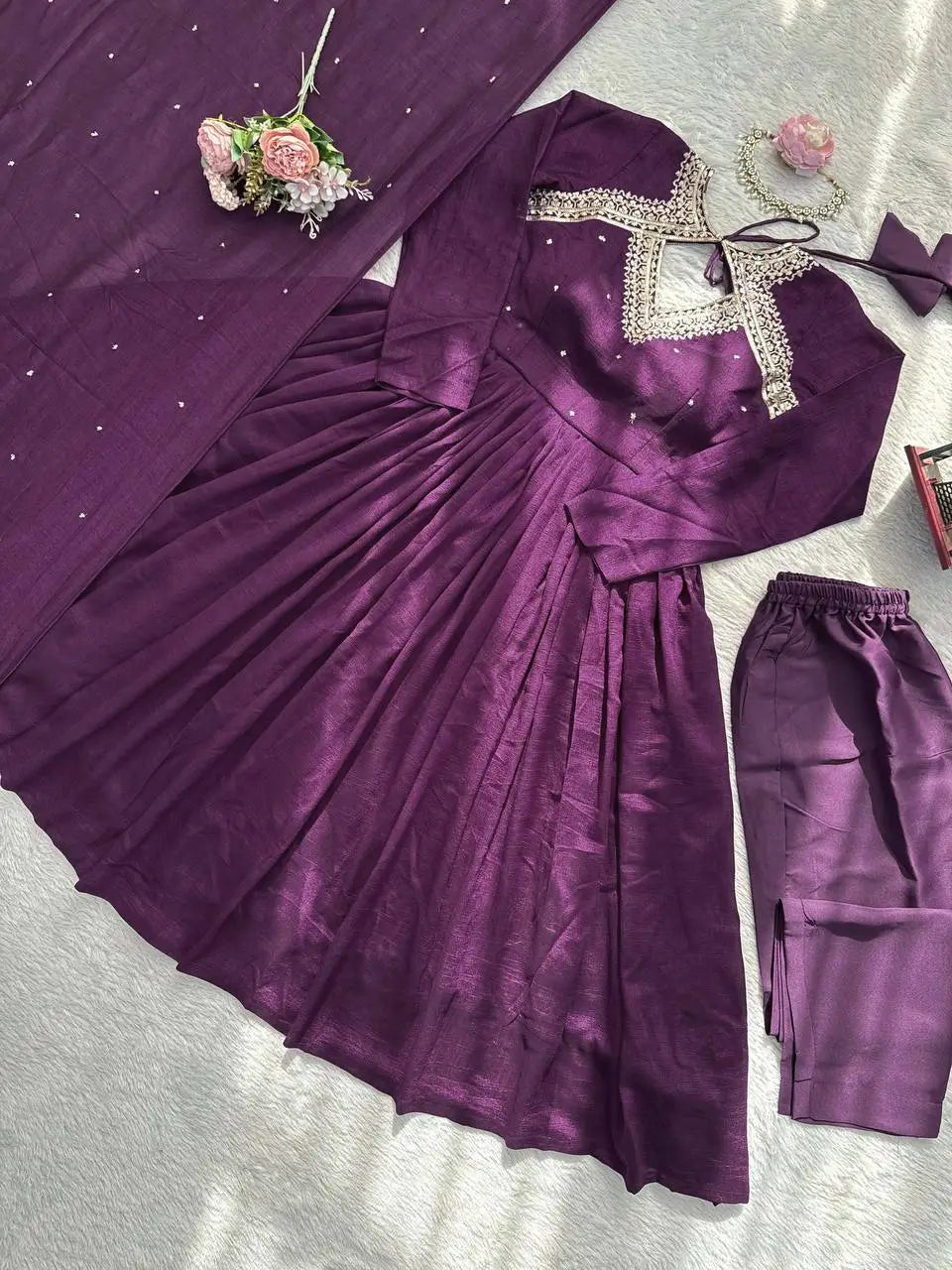 Thread Work Vichitra Silk Anarkali Set with Dupatta