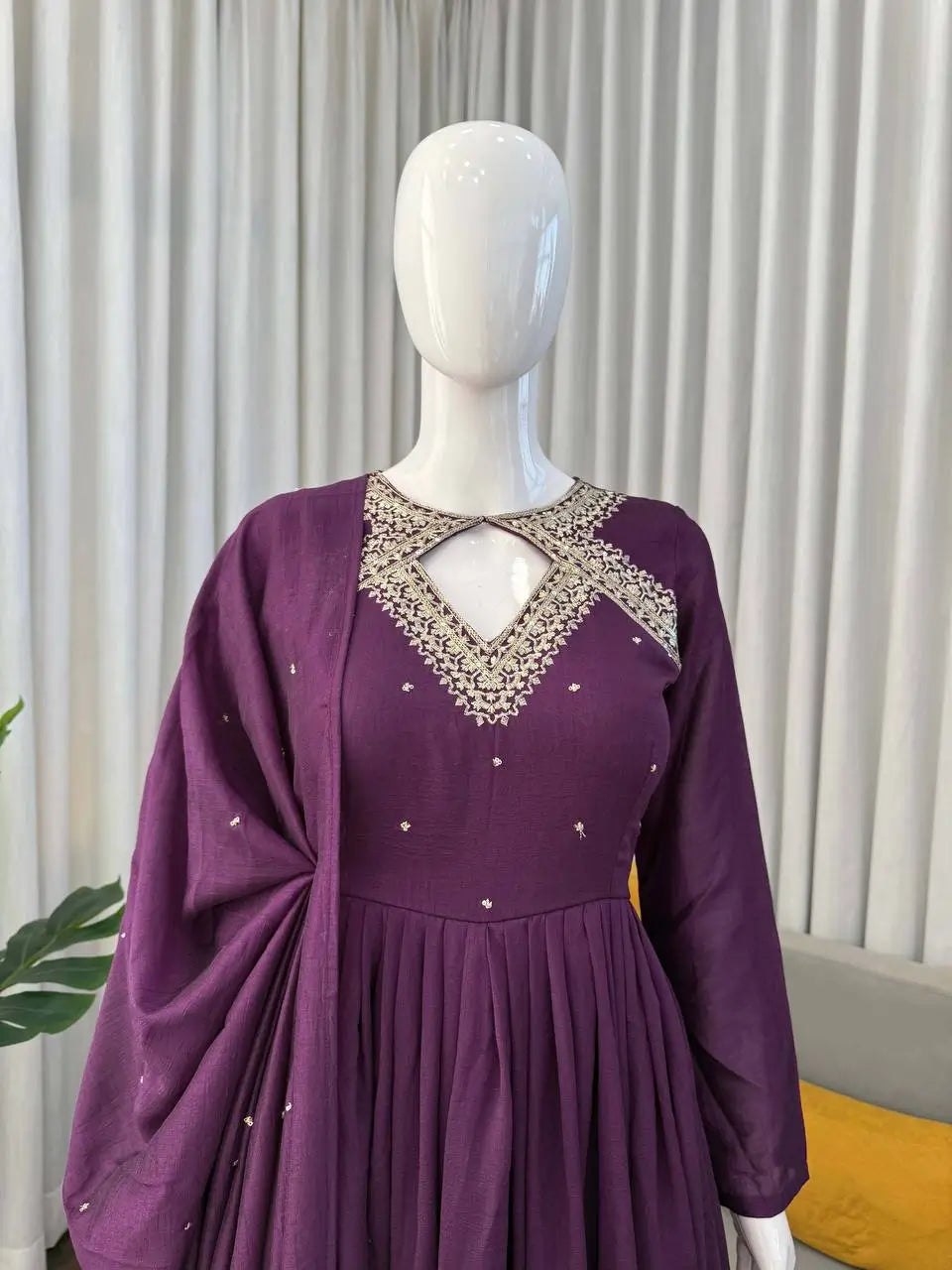 Thread Work Vichitra Silk Anarkali Set with Dupatta