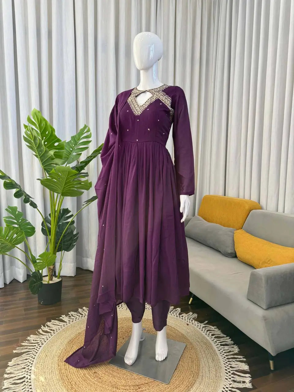 Thread Work Vichitra Silk Anarkali Set with Dupatta
