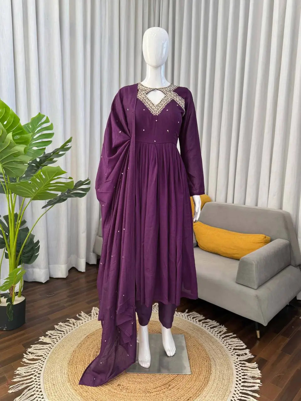 Thread Work Vichitra Silk Anarkali Set with Dupatta
