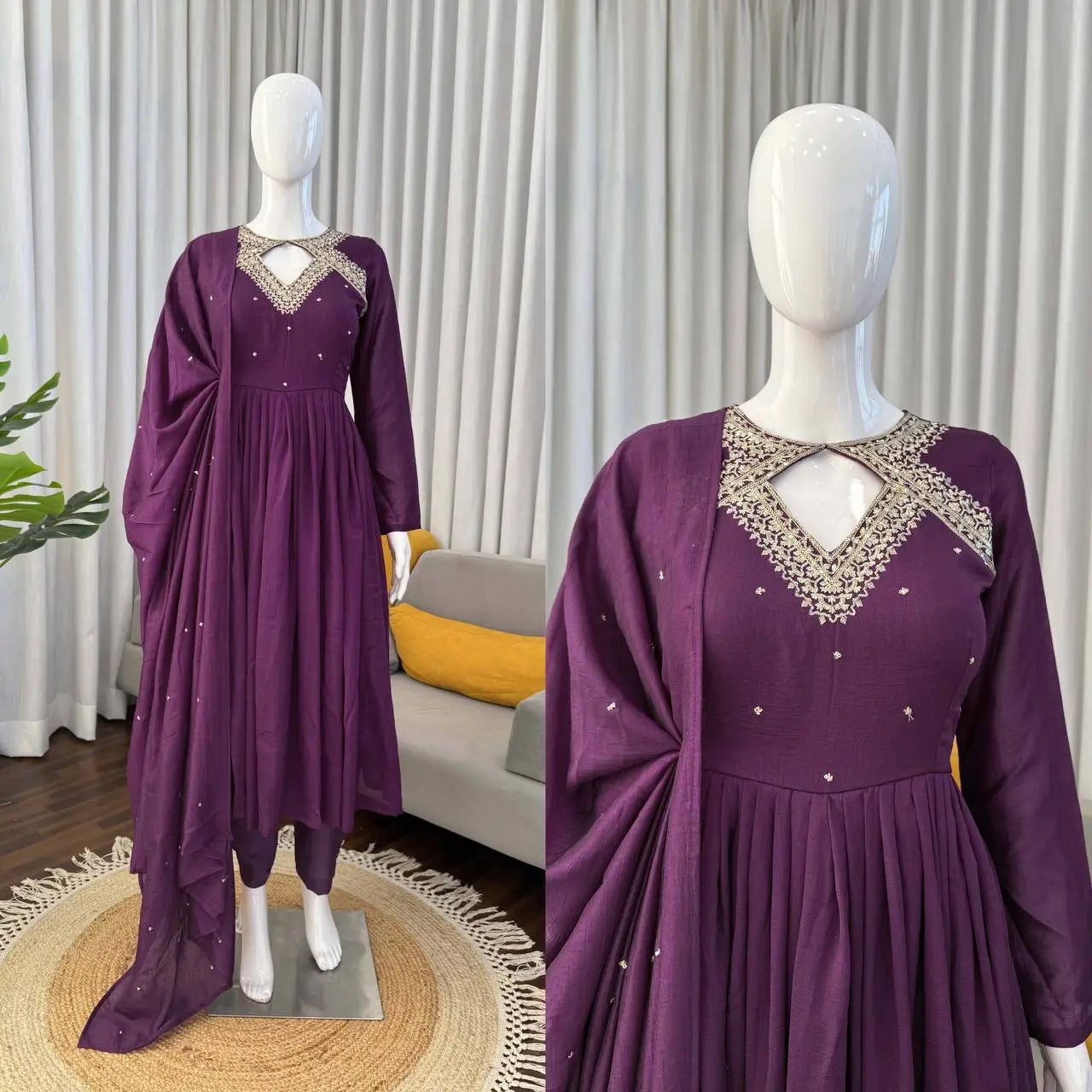 Thread Work Vichitra Silk Anarkali Set with Dupatta